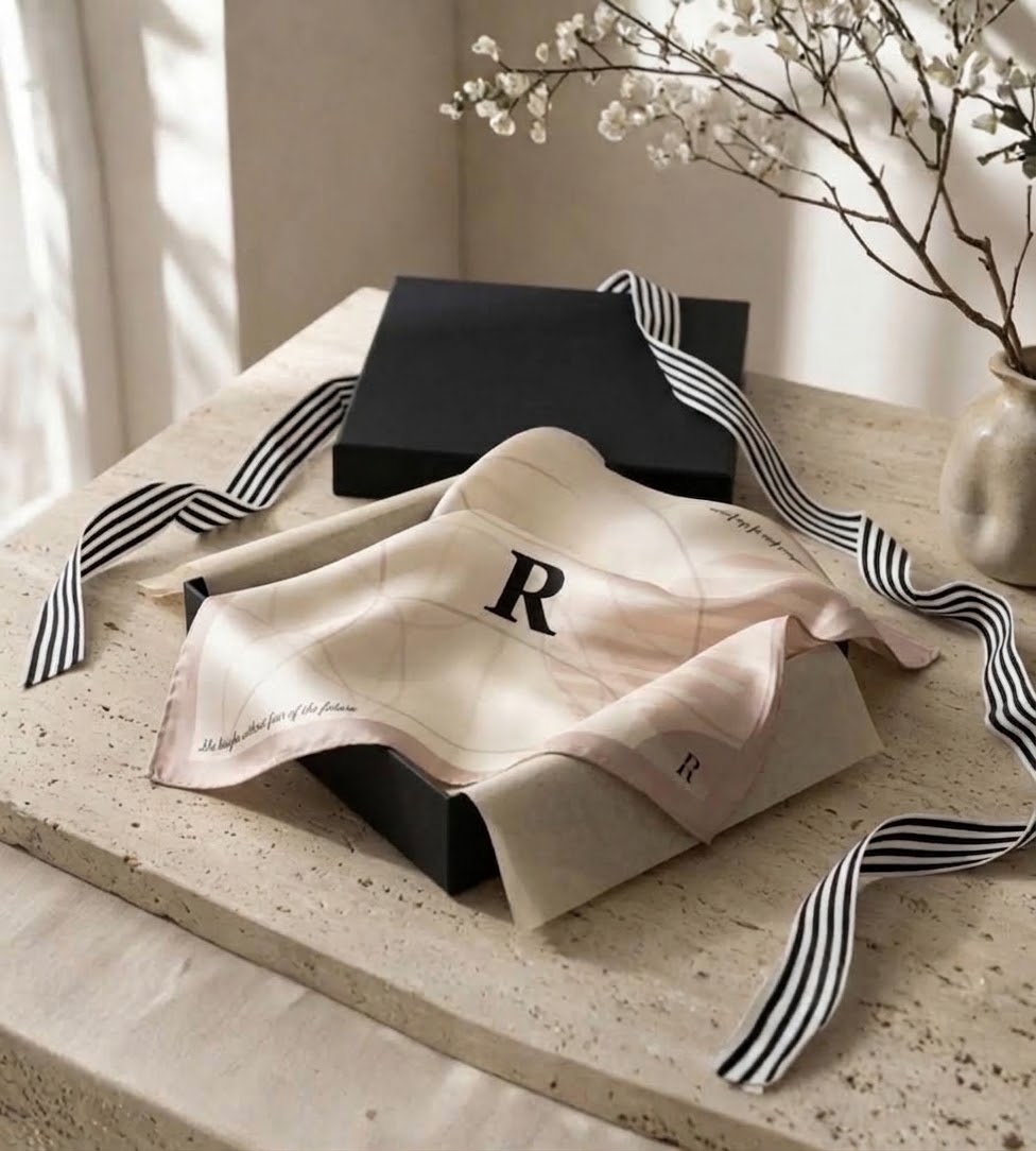 Bufanda signature de RMAGIC con la R de la casa presentada con la caja negra y cinta a rayas