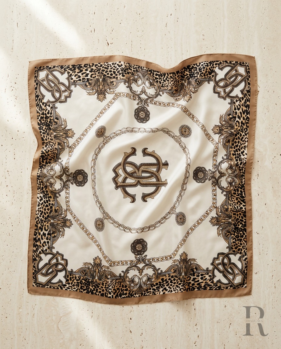 Bufanda con cadena barroca en blanco canela y negro, extendida
