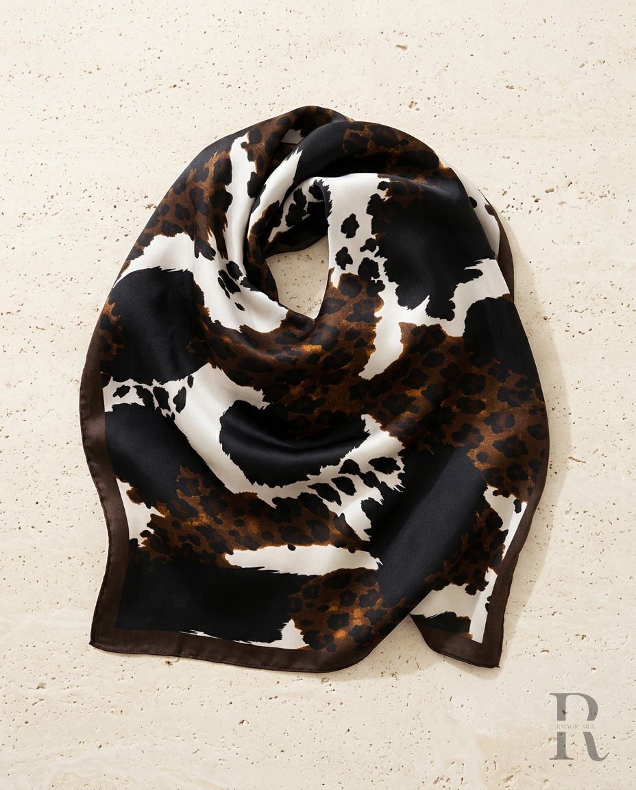 Primer plano de bufanda con estampado cow-print y leopardo en marrón y blanco