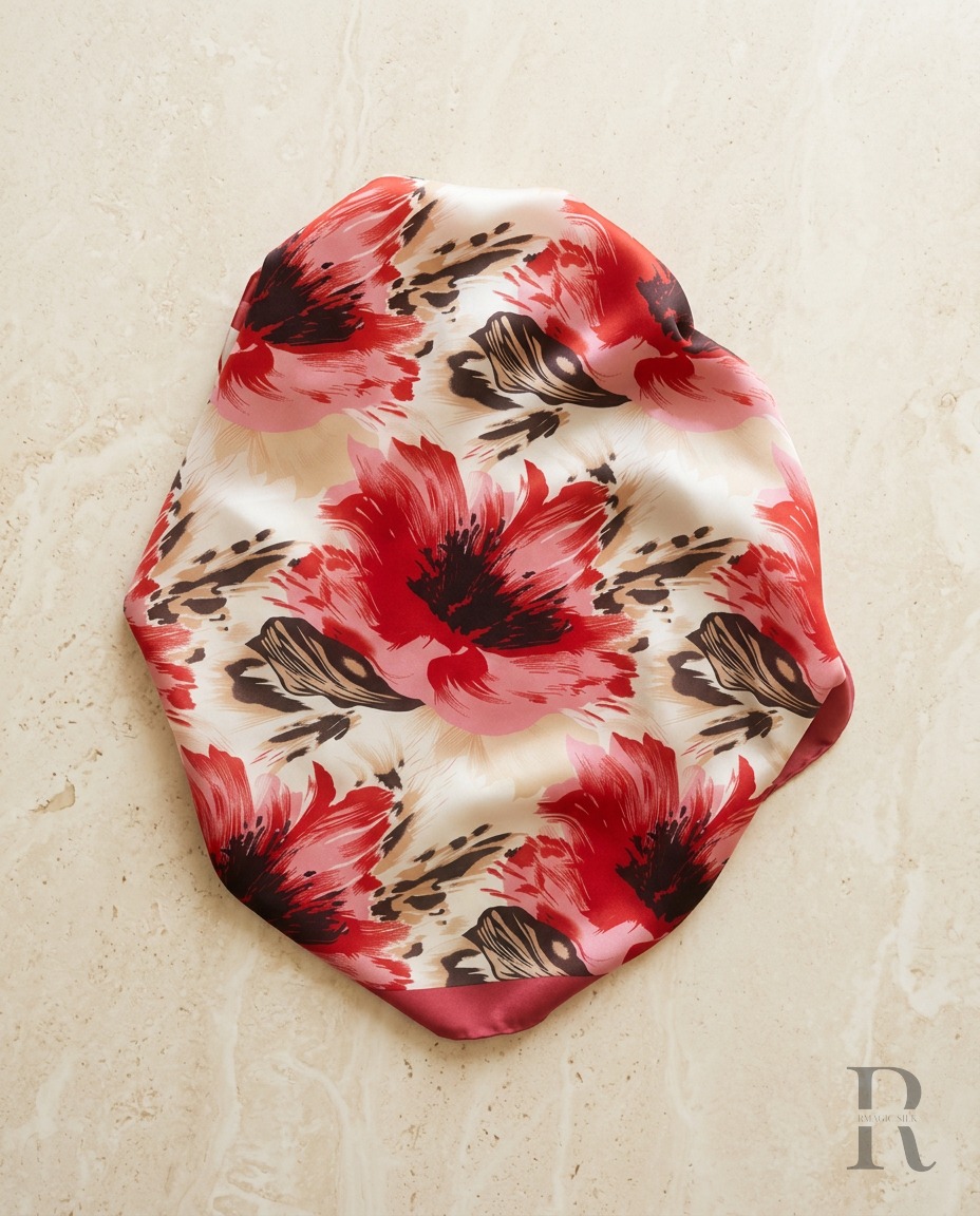 Primer plano de bufanda con flores en rojo y rosa con brillo sedoso