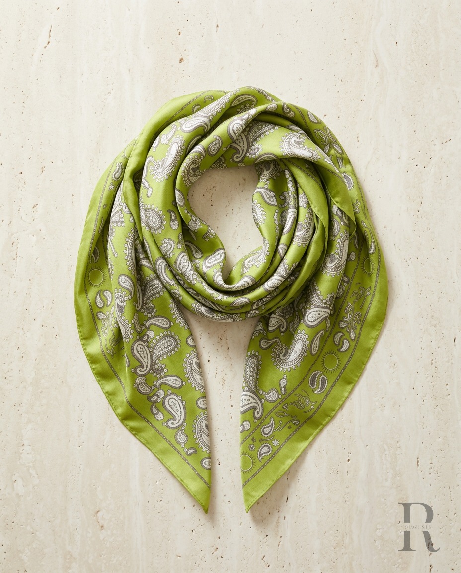 Bufanda paisley en verde lima con motivos blancos, extendida