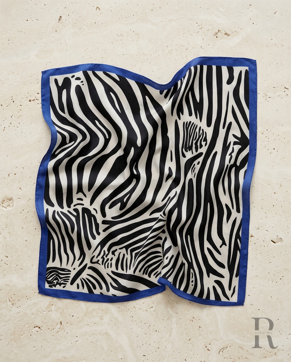 Bufanda cebra en blanco y negro con borde azul real, extendida